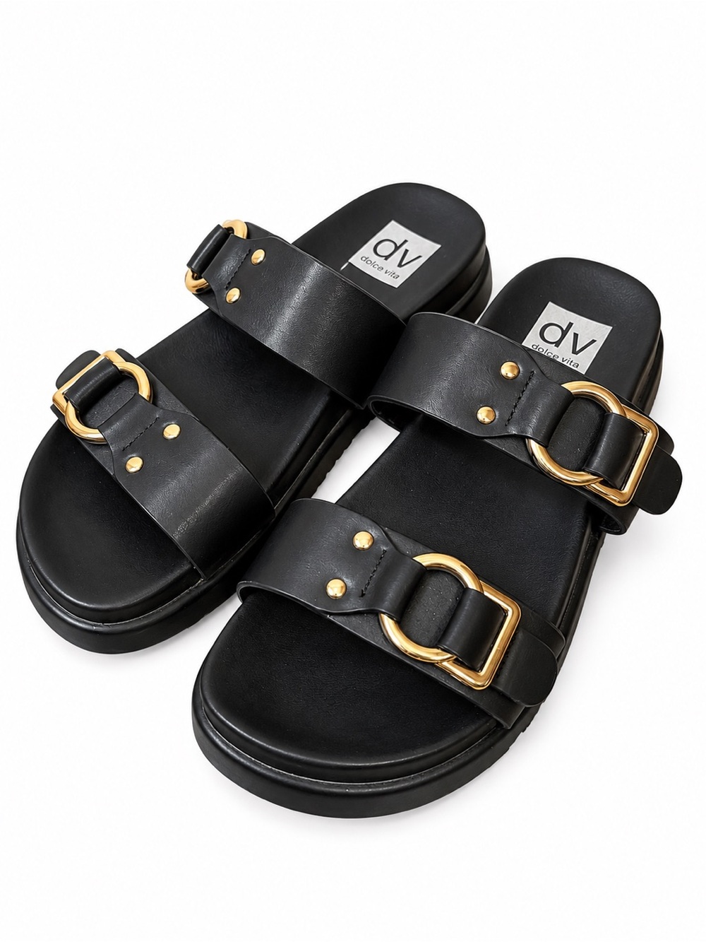DV Dolce Vita Unique Footbed Sandals Women’s 8 Black Gold Double Buckle Slide